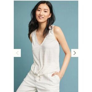 Pure Good‎ Anthropologie Crochet Neck Tie Front Tank Top Oatmeal Linen Blend XS